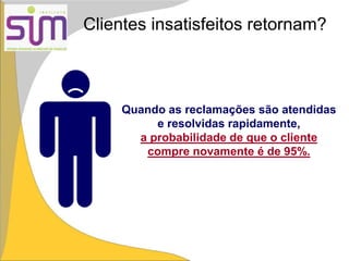 Clientes insatisfeitos retornam?
Quando as reclamações são atendidas
e resolvidas rapidamente,
a probabilidade de que o cliente
compre novamente é de 95%.
 