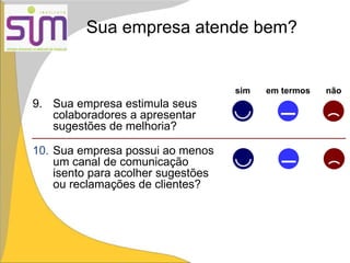 Sua empresa atende bem?
sim em termos não
9. Sua empresa estimula seus
colaboradores a apresentar
sugestões de melhoria?
10. Sua empresa possui ao menos
um canal de comunicação
isento para acolher sugestões
ou reclamações de clientes?
 