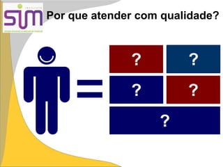 Por que atender com qualidade?
Atender clientes
satisfeitos é
gratificante
Clientes satisfeitos e
fiéis valorizam a
empresa
Clientes satisfeitos
indicam novos clientes
Atendimento com
qualidade é um
diferencial competitivo
É muito mais barato manter um cliente satisfeito do
que conquistar um novo cliente
?
?
?
?
?
 