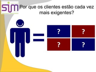 Por que os clientes estão cada vez
mais exigentes?
Maior acesso à informação
Concorrência
Meios de
comunicação
Código de Defesa do
Consumidor
?
? ?
?
 