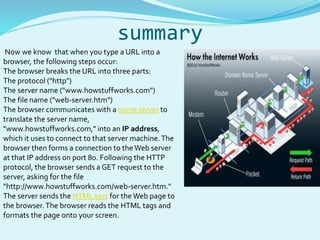 summary 
Now we know that when you type a URL into a 
browser, the following steps occur: 
The browser breaks the URL into three parts: 
The protocol ("http") 
The server name ("www.howstuffworks.com") 
The file name ("web-server.htm") 
The browser communicates with a name server to 
translate the server name, 
"www.howstuffworks.com," into an IP address, 
which it uses to connect to that server machine. The 
browser then forms a connection to the Web server 
at that IP address on port 80. Following the HTTP 
protocol, the browser sends a GET request to the 
server, asking for the file 
"http://www.howstuffworks.com/web-server.htm." 
The server sends the HTML text for the Web page to 
the browser. The browser reads the HTML tags and 
formats the page onto your screen. 
 
