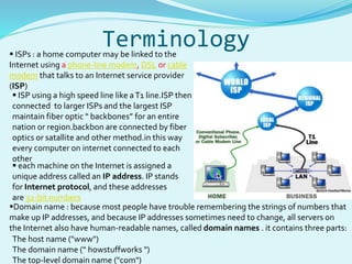 Terminology  ISPs : a home computer may be linked to the 
Internet using a phone-line modem, DSL or cable 
modem that talks to an Internet service provider 
(ISP) 
 ISP using a high speed line like a T1 line.ISP then 
connected to larger ISPs and the largest ISP 
maintain fiber optic “ backbones” for an entire 
nation or region.backbon are connected by fiber 
optics or satallite and other method.in this way 
every computer on internet connected to each 
other 
 each machine on the Internet is assigned a 
unique address called an IP address. IP stands 
for Internet protocol, and these addresses 
are 32-bit numbers 
Domain name : because most people have trouble remembering the strings of numbers that 
make up IP addresses, and because IP addresses sometimes need to change, all servers on 
the Internet also have human-readable names, called domain names . it contains three parts: 
The host name ("www") 
The domain name (“ howstuffworks ") 
The top-level domain name ("com") 
 