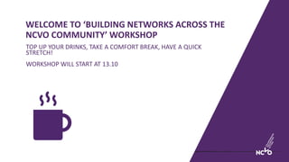 WELCOME TO ‘BUILDING NETWORKS ACROSS THE
NCVO COMMUNITY’ WORKSHOP
TOP UP YOUR DRINKS, TAKE A COMFORT BREAK, HAVE A QUICK
STRETCH!
WORKSHOP WILL START AT 13.10
 