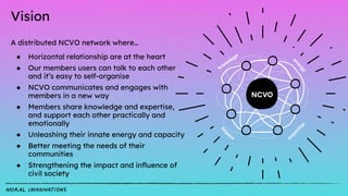Vision
A distributed NCVO network where…
● Horizontal relationship are at the heart
● Our members users can talk to each other
and it’s easy to self-organise
● NCVO communicates and engages with
members in a new way
● Members share knowledge and expertise,
and support each other practically and
emotionally
● Unleashing their innate energy and capacity
● Better meeting the needs of their
communities
● Strengthening the impact and influence of
civil society
 