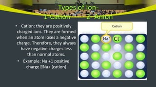 Types of ion-
1-Cation 2- Anion
• Cation: they are positively
charged ions. They are formed
when an atom loses a negative
charge. Therefore, they always
have negative charges less
than normal atoms.
• Example: Na +1 positive
charge 🡪Na+ (cation)
 