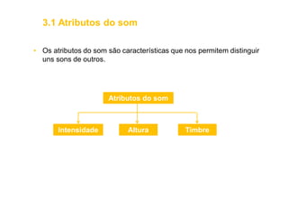 Atributos do som
Intensidade Altura
• Os atributos do som são características que nos permitem distinguir
uns sons de outros.
Timbre
3.1 Atributos do som
 