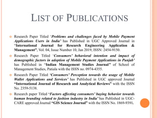 LIST OF PUBLICATIONS
 Research Paper Titled ‘Problems and challenges faced by Mobile Payment
Applications Users in India’ has Published in UGC Approved Journal in
“International Journal for Research Engineering Application &
Management”, Vol. 04, Issue Number 10, Jan 2019, ISSN: 2454-9150.
 Research Paper Titled ‘Consumers’ behavioral intention and impact of
demographic factors in adoption of Mobile Payment Applications in Punjab’
has Published in “Indian Management Studies Journal” of School of
Management Studies, Patiala with the ISSN no. 0974-4355.
 Research Paper Titled ‘Consumers’ Perception towards the usage of Mobile
Wallet Applications and Services’ has Published in UGC approved Journal
“International Journal of Research and Analytical Reviews” with the ISSN
No. 2359-5138.
 Research paper Titled ‘Factors affecting consumers’ buying behavior towards
human branding related to fashion industry in India’ has Published in UGC-
CARE approved Journal “GIS Science Journal” with the ISSN No. 1869-9391.
 