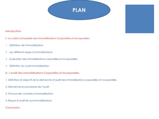 Introduction
I- Le cadre Comptable des Immobilisations Corporelles et Incorporelles
1. Définition de l’immobilisation
2. Les différents types d’immobilisations
3. Evaluation des immobilisations corporelles et incorporelles
4. Définition du cycle immobilisation
II- L’audit des Immobilisations Corporelles et Incorporelles
1. Définition et objectif de la démarche d’audit des immobilisations corporelles et incorporelles
2. Démarche et procédure de l’audit
3. Travaux des comptes d’immobilisation
4. Risque d’audit lié aux immobilisations
Conclusion
PLAN
 