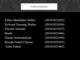 Elfara Maulidina Safitri (20101021022)
Syilvani Nawang Wulan (20101021036)
Fitrotul Aminah (20101021037)
Randi (2010102104...