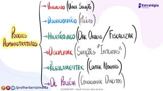 →
VINCULADO /UNICA SOLUÇÃO)
→ DISCRICIONÁRIO (MÉRITO)
PODERES
Administrativos
?⃝
"""
*"" PARA""À""' ""
)
→DISCIPLINAR (SANÇÕES
"
INTERNAS"
)
→REGULAMENTAR DITAR NORMAS
)
→DE POLICÍA (CONDICIONAR DIREITOS
)
12258467497 - Kauã Vinícius silva de lima
 