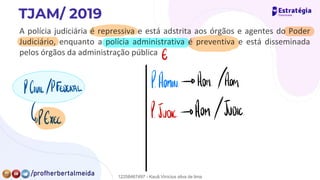 A polícia judiciária é repressiva e está adstrita aos órgãos e agentes do Poder
Judiciário, enquanto a polícia administrativa é preventiva e está disseminada
pelos órgãos da administração pública C-
P.AM/P.FeDERAL PADMIN.
-
☐ ADM.
/ADM
P.JUAC-DADM.t-UDK.tn?Exec
.
12258467497 - Kauã Vinícius silva de lima
 