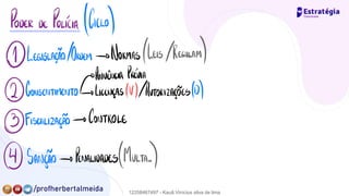 PODER DE POLICÍA (Acho)
?⃝
LEGISLAÇÃO/ORDEM → NORMAS /LEIS/REGULAM)
✓
ANUÊNCIA PRÉVIA
②CONSENTIMENTO→ LICENÇAS (V)/AUTORIZAÇÕES(D)
③FISCALIZAÇÃO → CONTROLE
④ SANÇÃO → PENALIDADES/MULTA. .
)
12258467497 - Kauã Vinícius silva de lima
 