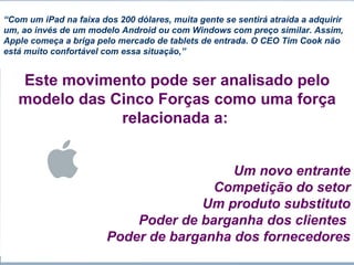 “Com um iPad na faixa dos 200 dólares, muita gente se sentirá atraída a adquirir 
um, ao invés de um modelo Android ou com Windows com preço similar. Assim, 
Apple começa a briga pelo mercado de tablets de entrada. O CEO Tim Cook não 
está muito confortável com essa situação,” 
www.fgv.br/fgvonline 
4 
Este movimento pode ser analisado pelo 
modelo das Cinco Forças como uma força 
relacionada a: 
Um novo entrante 
Competição do setor 
Um produto substituto 
Poder de barganha dos clientes 
Poder de barganha dos fornecedores 
 