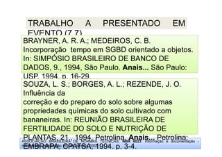 ASSOCIAÇÃO BRASILEIRA DE NORMAS TÉCNICAS. NBR 6023: Informação e documentação -
referências - elaboração. Rio de Janeiro, 2002.
TRABALHO A PRESENTADO EM
EVENTO (7.7)
USP, 1994. p. 16-29.
BRAYNER, A. R. A.; MEDEIROS, C. B.
Incorporação tempo em SGBD orientado a objetos.
In: SIMPÓSIO BRASILEIRO DE BANCO DE
DADOS, 9., 1994, São Paulo. Anais... São Paulo:
USP, 1994. p. 16-29.
PLANTAS, 21., 1994, Petrolina. Anais... Petrolina:
EMBRAPA, CPATSA, 1994. p. 3-4.
SOUZA, L. S.; BORGES, A. L.; REZENDE, J. O.
Influência da
correção e do preparo do solo sobre algumas
propriedades químicas do solo cultivado com
bananeiras. In: REUNIÃO BRASILEIRA DE
FERTILIDADE DO SOLO E NUTRIÇÃO DE
PLANTAS, 21., 1994, Petrolina. Anais... Petrolina:
EMBRAPA, CPATSA, 1994. p. 3-4.
 