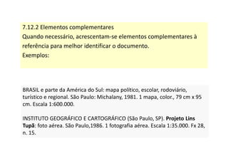 7.12.2 Elementos complementares
Quando necessário, acrescentam-se elementos complementares à
referência para melhor identificar o documento.
Exemplos:
BRASIL e parte da América do Sul: mapa político, escolar, rodoviário,
turístico e regional. São Paulo: Michalany, 1981. 1 mapa, color., 79 cm x 95
cm. Escala 1:600.000.
INSTITUTO GEOGRÁFICO E CARTOGRÁFICO (São Paulo, SP). Projeto Lins
Tupã: foto aérea. São Paulo,1986. 1 fotografia aérea. Escala 1:35.000. Fx 28,
n. 15.
BRASIL e parte da América do Sul: mapa político, escolar, rodoviário,
turístico e regional. São Paulo: Michalany, 1981. 1 mapa, color., 79 cm x 95
cm. Escala 1:600.000.
INSTITUTO GEOGRÁFICO E CARTOGRÁFICO (São Paulo, SP). Projeto Lins
Tupã: foto aérea. São Paulo,1986. 1 fotografia aérea. Escala 1:35.000. Fx 28,
n. 15.
 