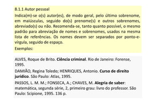 8.1.1 Autor pessoal
Indica(m)-se o(s) autor(es), de modo geral, pelo último sobrenome,
em maiúsculas, seguido do(s) prenome(s) e outros sobrenomes,
abreviado(s) ou não. Recomenda-se, tanto quanto possível, o mesmo
padrão para abreviação de nomes e sobrenomes, usados na mesma
lista de referências. Os nomes devem ser separados por ponto-e-
vírgula, seguido de espaço.
Exemplos:
ALVES, Roque de Brito. Ciência criminal. Rio de Janeiro: Forense,
1995.
DAMIÃO, Regina Toledo; HENRIQUES, Antonio. Curso de direito
jurídico. São Paulo: Atlas, 1995.
PASSOS, L. M. M.; FONSECA, A.; CHAVES, M. Alegria de saber:
matemática, segunda série, 2, primeiro grau: livro do professor. São
Paulo: Scipione, 1995. 136 p.
ALVES, Roque de Brito. Ciência criminal. Rio de Janeiro: Forense,
1995.
DAMIÃO, Regina Toledo; HENRIQUES, Antonio. Curso de direito
jurídico. São Paulo: Atlas, 1995.
PASSOS, L. M. M.; FONSECA, A.; CHAVES, M. Alegria de saber:
matemática, segunda série, 2, primeiro grau: livro do professor. São
Paulo: Scipione, 1995. 136 p.
 