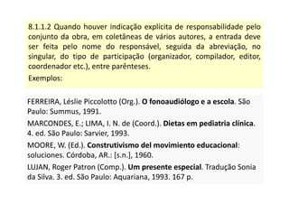 8.1.1.2 Quando houver indicação explícita de responsabilidade pelo
conjunto da obra, em coletâneas de vários autores, a entrada deve
ser feita pelo nome do responsável, seguida da abreviação, no
singular, do tipo de participação (organizador, compilador, editor,
coordenador etc.), entre parênteses.
Exemplos:
FERREIRA, Léslie Piccolotto (Org.). O fonoaudiólogo e a escola. São
Paulo: Summus, 1991.
MARCONDES, E.; LIMA, I. N. de (Coord.). Dietas em pediatria clínica.
4. ed. São Paulo: Sarvier, 1993.
MOORE, W. (Ed.). Construtivismo del movimiento educacional:
soluciones. Córdoba, AR.: [s.n.], 1960.
LUJAN, Roger Patron (Comp.). Um presente especial. Tradução Sonia
da Silva. 3. ed. São Paulo: Aquariana, 1993. 167 p.
FERREIRA, Léslie Piccolotto (Org.). O fonoaudiólogo e a escola. São
Paulo: Summus, 1991.
MARCONDES, E.; LIMA, I. N. de (Coord.). Dietas em pediatria clínica.
4. ed. São Paulo: Sarvier, 1993.
MOORE, W. (Ed.). Construtivismo del movimiento educacional:
soluciones. Córdoba, AR.: [s.n.], 1960.
LUJAN, Roger Patron (Comp.). Um presente especial. Tradução Sonia
da Silva. 3. ed. São Paulo: Aquariana, 1993. 167 p.
 
