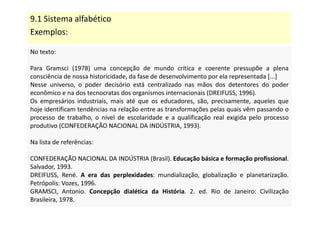 9.1 Sistema alfabético
Exemplos:
No texto:
Para Gramsci (1978) uma concepção de mundo crítica e coerente pressupõe a plena
consciência de nossa historicidade, da fase de desenvolvimento por ela representada [...]
Nesse universo, o poder decisório está centralizado nas mãos dos detentores do poder
econômico e na dos tecnocratas dos organismos internacionais (DREIFUSS, 1996).
Os empresários industriais, mais até que os educadores, são, precisamente, aqueles que
hoje identificam tendências na relação entre as transformações pelas quais vêm passando o
processo de trabalho, o nível de escolaridade e a qualificação real exigida pelo processo
produtivo (CONFEDERAÇÃO NACIONAL DA INDÚSTRIA, 1993).
Na lista de referências:
CONFEDERAÇÃO NACIONAL DA INDÚSTRIA (Brasil). Educação básica e formação profissional.
Salvador, 1993.
DREIFUSS, René. A era das perplexidades: mundialização, globalização e planetarização.
Petrópolis: Vozes, 1996.
GRAMSCI, Antonio. Concepção dialética da História. 2. ed. Rio de Janeiro: Civilização
Brasileira, 1978.
No texto:
Para Gramsci (1978) uma concepção de mundo crítica e coerente pressupõe a plena
consciência de nossa historicidade, da fase de desenvolvimento por ela representada [...]
Nesse universo, o poder decisório está centralizado nas mãos dos detentores do poder
econômico e na dos tecnocratas dos organismos internacionais (DREIFUSS, 1996).
Os empresários industriais, mais até que os educadores, são, precisamente, aqueles que
hoje identificam tendências na relação entre as transformações pelas quais vêm passando o
processo de trabalho, o nível de escolaridade e a qualificação real exigida pelo processo
produtivo (CONFEDERAÇÃO NACIONAL DA INDÚSTRIA, 1993).
Na lista de referências:
CONFEDERAÇÃO NACIONAL DA INDÚSTRIA (Brasil). Educação básica e formação profissional.
Salvador, 1993.
DREIFUSS, René. A era das perplexidades: mundialização, globalização e planetarização.
Petrópolis: Vozes, 1996.
GRAMSCI, Antonio. Concepção dialética da História. 2. ed. Rio de Janeiro: Civilização
Brasileira, 1978.
 