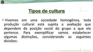 Tipos de cultura
• Vivemos em uma sociedade homogênea, toda
produção cultural está sujeita a avaliação que
dependem da posição social do grupo a que ela
pertence. Para exemplificar vamos estabelecer
algumas distinções, considerando as seguintes
divisões:
7
 