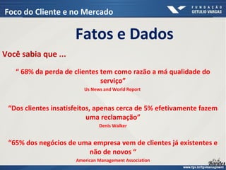 Você sabia que ...
“ 68% da perda de clientes tem como razão a má qualidade do
serviço”
Us News and World Report
“Dos clientes insatisfeitos, apenas cerca de 5% efetivamente fazem
uma reclamação”
Denis Walker
“65% dos negócios de uma empresa vem de clientes já existentes e
não de novos “
American Management Association
Fatos e Dados
Foco do Cliente e no Mercado
 