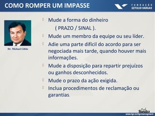 COMO ROMPER UM IMPASSE




Dr. Michael Gibbs






Mude a forma do dinheiro
( PRAZO / SINAL ).
Mude um membro da equipe ou seu líder.
Adie uma parte difícil do acordo para ser
negociada mais tarde, quando houver mais
informações.
Mude a disposição para repartir prejuízos
ou ganhos desconhecidos.
Mude o prazo da ação exigida.
Inclua procedimentos de reclamação ou
garantias.

 