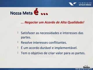 Nossa Meta

é ...

... Negociar um Acordo de Alta Qualidade!






Satisfazer as necessidades e interesses das
partes.
Resolve interesses conflitantes.
É um acordo durável e implementável.
Tem o objetivo de criar valor para as partes.

 