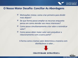 O Nosso Maior Desafio: Conciliar As Abordagens








Motivações mistas: como criar primeiro para dividir
mais depois?
De que forma posso ampliar os recursos enquanto
penso em como atender aos meus interesses?
Como posso simultaneamente criar valor e reivindicar
valor?
Como posso obter maior valor sem prejudicar o
relacionamento com a outra parte?
A forma como criamos valor determina a maneira com
distribuímos o valor...

CRIATIVIDADE ESTRATÉGICA

 