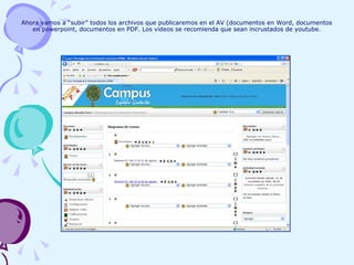 Ahora vamos a “subir” todos los archivos que publicaremos en el AV (documentos en Word, documentos en powerpoint, documentos en PDF. Los videos se recomienda que sean incrustados de youtube. 