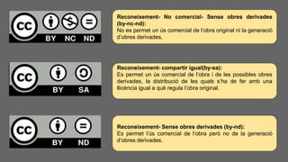 Reconeixement- No comercial- Sense obres derivades
(by-nc-nd):
No es permet un ús comercial de l’obra original ni la generació
d’obres derivades.
Reconeixement- compartir igual(by-sa):
Es permet un ús comercial de l’obra i de les possibles obres
derivades, la distribució de les quals s’ha de fer amb una
llicència igual a què regula l’obra original.
Reconeixement- Sense obres derivades (by-nd):
Es permet l’ús comercial de l’obra però no de la generació
d’obres derivades.
 
