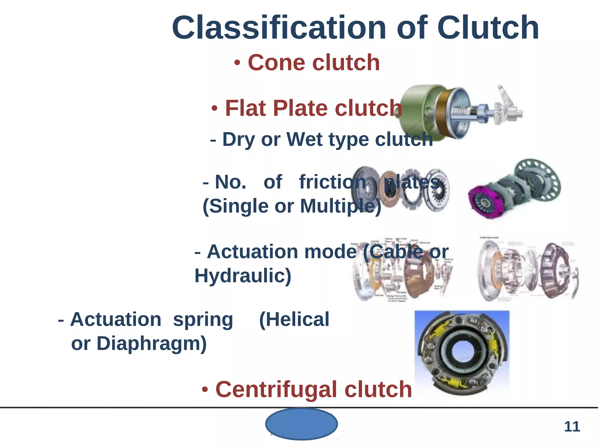 Classification of Clutch
• Cone clutch
• Flat Plate clutch
- Dry or Wet type clutch
- No. of friction plates
(Single or Multiple)
- Actuation mode (Cable or
Hydraulic)
- Actuation spring (Helical
or Diaphragm)
• Centrifugal clutch
11
 