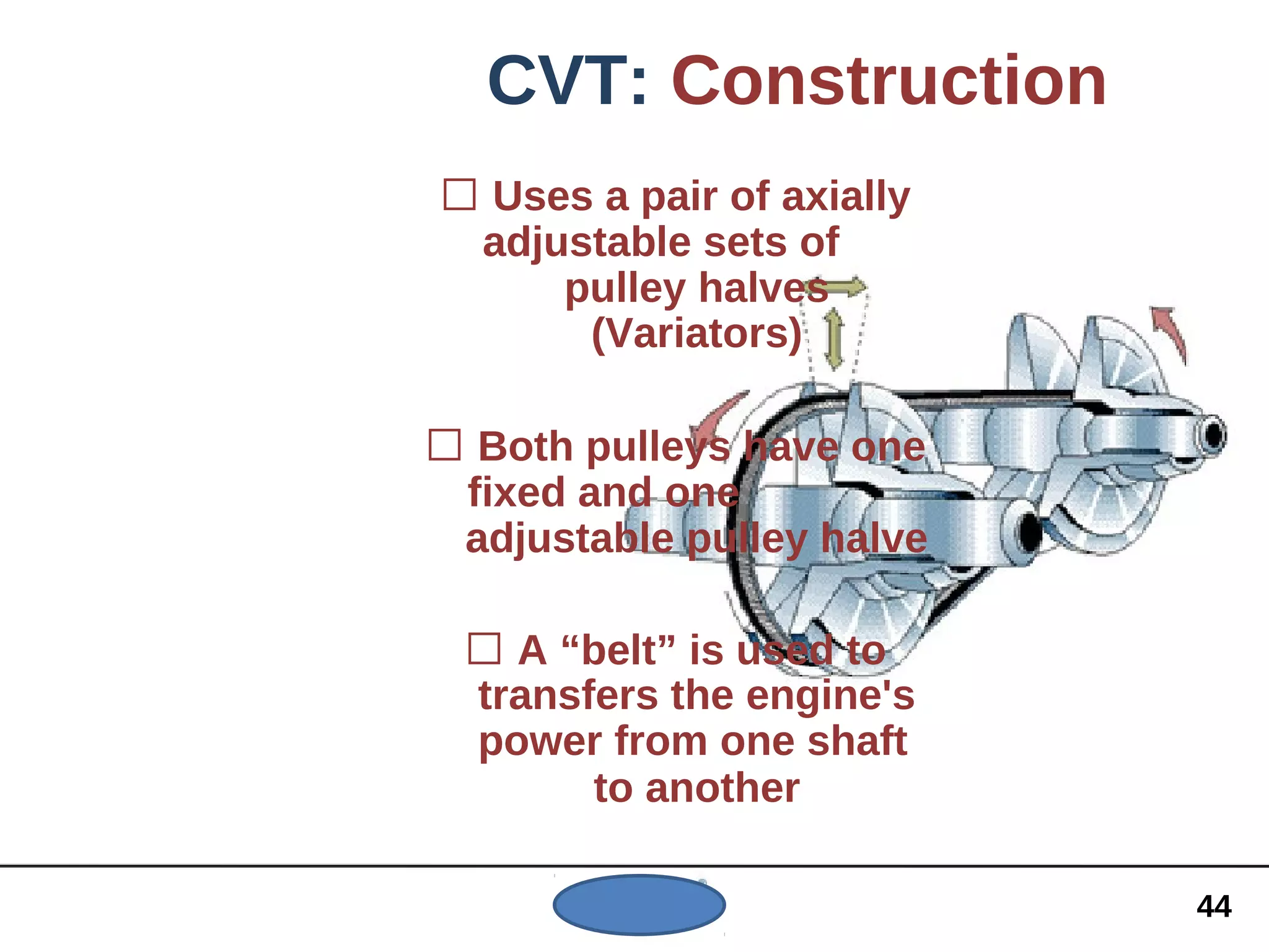 CVT: Construction
 Uses a pair of axially
adjustable sets of
pulley halves
(Variators)
 Both pulleys have one
fixed and one
adjustable pulley halve
 A “belt” is used to
transfers the engine's
power from one shaft
to another
44
 