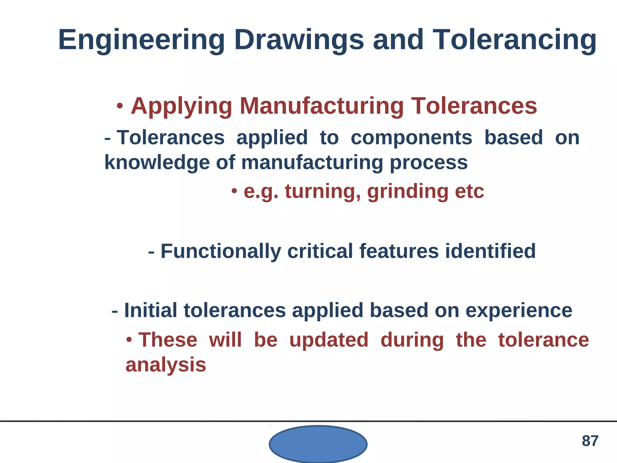 Engineering Drawings and Tolerancing
• Applying Manufacturing Tolerances
- Tolerances applied to components based on
knowledge of manufacturing process
• e.g. turning, grinding etc
- Functionally critical features identified
- Initial tolerances applied based on experience
• These will be updated during the tolerance
analysis
87
 
