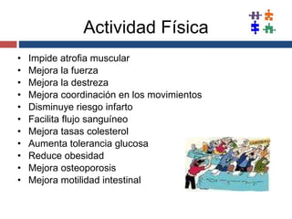 Actividad Física Impide atrofia muscular Mejora la fuerza Mejora la destreza Mejora coordinación en los movimientos Disminuye riesgo infarto Facilita flujo sanguíneo Mejora tasas colesterol Aumenta tolerancia glucosa Reduce obesidad Mejora osteoporosis Mejora motilidad intestinal 