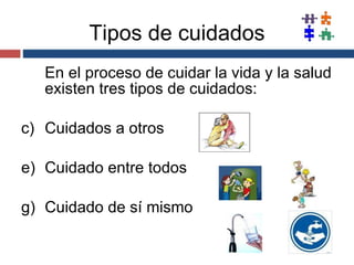 Tipos de cuidados En el proceso de cuidar la vida y la salud existen tres tipos de cuidados: Cuidados a otros Cuidado entre todos Cuidado de sí mismo  