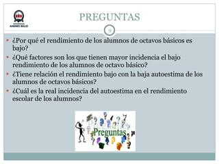 PREGUNTAS ¿Por qué el rendimiento de los alumnos de octavos básicos es bajo? ¿Qué factores son los que tienen mayor incidencia el bajo rendimiento de los alumnos de octavo básico? ¿Tiene relación el rendimiento bajo con la baja autoestima de los alumnos de octavos básicos? ¿Cuál es la real incidencia del autoestima en el rendimiento escolar de los alumnos? 