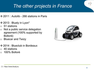 8
 2011 : Autolib - 266 stations in Paris
 2013 : Bluely in Lyon*
o 51 stations
o Not a public service delegation
agreement (100% supported by
Bolloré)
o Bluecar and Twizy
 2014 : Blueclub in Bordeaux
o 40 stations
o 100% Bolloré
The other projects in France
(*) : https://www.bluely.eu
 