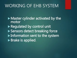 WORKING OF EHB SYSTEM
Master cylinder activated by the
motor
Regulated by control unit
Sensors detect breaking force
Information sent to the system
Brake is applied.
 