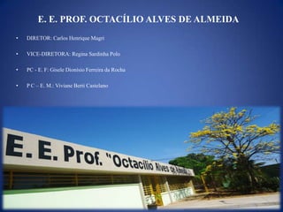 E. E. PROF. OCTACÍLIO ALVES DE ALMEIDA
• DIRETOR: Carlos Henrique Magri
• VICE-DIRETORA: Regina Sardinha Polo
• PC - E. F: Gisele Dionísio Ferreira da Rocha
• P C – E. M.: Viviane Berti Castelano
 