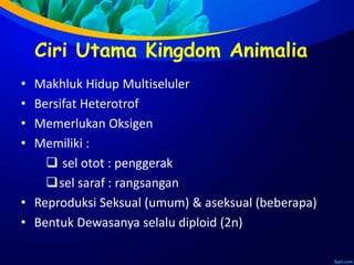 Ciri Utama Kingdom Animalia
• Makhluk Hidup Multiseluler
• Bersifat Heterotrof
• Memerlukan Oksigen
• Memiliki :
 sel otot : penggerak
sel saraf : rangsangan
• Reproduksi Seksual (umum) & aseksual (beberapa)
• Bentuk Dewasanya selalu diploid (2n)
 