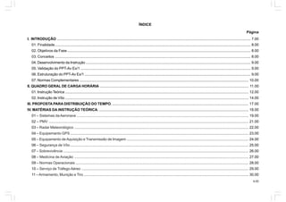 4.00
ÍNDICE
Página
I. INTRODUÇÃO ............................................................................................................................................................................................. 7.00
01. Finalidade............................................................................................................................................................................................... 8.00
02. Objetivos da Fase................................................................................................................................................................................... 8.00
03. Conceitos ............................................................................................................................................................................................... 8.00
04. Desenvolvimento da Instrução ................................................................................................................................................................. 9.00
05. Validação do PPT-Av Ex/1 ...................................................................................................................................................................... 9.00
06. Estruturação do PPT-Av Ex/1 .................................................................................................................................................................. 9.00
07. Normas Complementares ..................................................................................................................................................................... 10.00
II. QUADRO GERAL DE CARGA HORÁRIA ................................................................................................................................................. 11.00
01. Instrução Teórica ................................................................................................................................................................................... 12.00
02. Instrução de Vôo ................................................................................................................................................................................... 14.00
III. PROPOSTA PARA DISTRIBUIÇÃO DO TEMPO. ..................................................................................................................................... 17.00
IV. MATÉRIAS DA INSTRUÇÃO TEÓRICA. .................................................................................................................................................. 18.00
01 – Sistemas da Aeronave ........................................................................................................................................................................ 19.00
02 – PMV ................................................................................................................................................................................................... 21.00
03 – Radar Meteorológico .......................................................................................................................................................................... 22.00
04 – Equipemanto GPS .............................................................................................................................................................................. 23.00
05 – Equipamento de Aquisição e Transmissão de Imagem ....................................................................................................................... 24.00
06 – Segurança de Vôo .............................................................................................................................................................................. 25.00
07 – Sobrevivência ..................................................................................................................................................................................... 26.00
08 – Medicina de Aviação .......................................................................................................................................................................... 27.00
09 – Normas Operacionais ......................................................................................................................................................................... 28.00
10 – Serviço de Tráfego Aéreo ................................................................................................................................................................... 29.00
11 –Armamento, Munição e Tiro ................................................................................................................................................................. 30.00
 