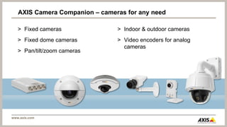 AXIS Camera Companion – cameras for any need

   > Fixed cameras              > Indoor & outdoor cameras
   > Fixed dome cameras         > Video encoders for analog
                                  cameras
   > Pan/tilt/zoom cameras




www.axis.com
 