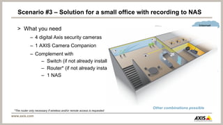 Scenario #3 – Solution for a small office with recording to NAS

                                                                                                    Internet
   > What you need
             – 4 digital Axis security cameras
             – 1 AXIS Camera Companion
             – Complement with
                 – Switch (if not already installed)
                 – Router* (if not already installed)
                 – 1 NAS




                                                                            Other combinations possible
 *The router only necessary if wireless and/or remote access is requested
www.axis.com
 