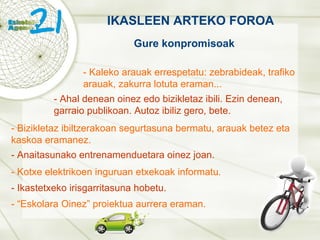 IKASLEEN ARTEKO FOROA Gure konpromisoak - Kaleko arauak errespetatu: zebrabideak, trafiko arauak, zakurra lotuta eraman...  - Ahal denean oinez edo bizikletaz ibili. Ezin denean, garraio publikoan. Autoz ibiliz gero, bete. - Bizikletaz ibiltzerakoan segurtasuna bermatu, arauak betez eta kaskoa eramanez. - Anaitasunako entrenamenduetara oinez joan. - Kotxe elektrikoen inguruan etxekoak informatu. - Ikastetxeko irisgarritasuna hobetu. - “Eskolara Oinez” proiektua aurrera eraman. 