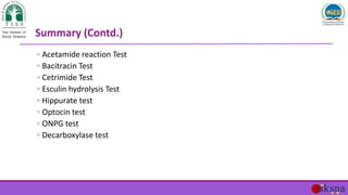 Summary (Contd.)
◦ Acetamide reaction Test
◦ Bacitracin Test
◦ Cetrimide Test
◦ Esculin hydrolysis Test
◦ Hippurate test
◦...