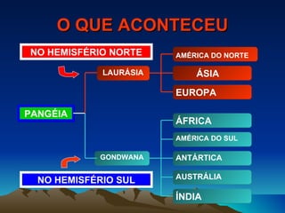 O QUE ACONTECEU NO HEMISFÉRIO SUL NO HEMISFÉRIO NORTE PANGÉIA LAURÁSIA GONDWANA AMÉRICA DO NORTE ÁSIA EUROPA ÁFRICA AMÉRICA DO SUL ANTÁRTICA AUSTRÁLIA ÍNDIA 