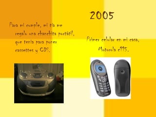 2005
Para mi cumple, mi tía me
   regalo una chanchita portátil,
   que tenia para poner             Primer celular en mi casa,
   cassettes y CDS.                      Motorola c115.
 