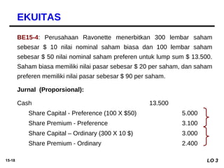 15-18
Cash 13.500
Share Capital - Preference (100 X $50) 5.000
Share Premium - Preference 3.100
Share Capital – Ordinary (...