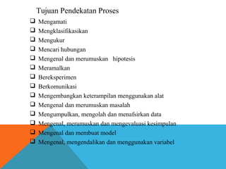 Tujuan Pendekatan Proses 
 Mengamati 
 Mengklasifikasikan 
 Mengukur 
 Mencari hubungan 
 Mengenal dan merumuskan hipotesis 
 Meramalkan 
 Bereksperimen 
 Berkomunikasi 
 Mengembangkan keterampilan menggunakan alat 
 Mengenal dan merumuskan masalah 
 Mengumpulkan, mengolah dan menafsirkan data 
 Mengenal, merumuskan dan mengevaluasi kesimpulan 
 Mengenal dan membuat model 
 Mengenal, mengendalikan dan menggunakan variabel 
 