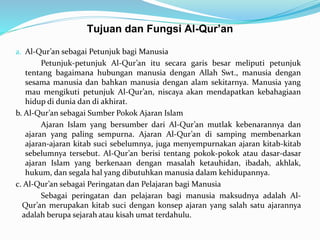 Tujuan dan Fungsi Al-Qur’an
a. Al-Qur’an sebagai Petunjuk bagi Manusia
Petunjuk-petunjuk Al-Qur’an itu secara garis besar meliputi petunjuk
tentang bagaimana hubungan manusia dengan Allah Swt., manusia dengan
sesama manusia dan bahkan manusia dengan alam sekitarnya. Manusia yang
mau mengikuti petunjuk Al-Qur’an, niscaya akan mendapatkan kebahagiaan
hidup di dunia dan di akhirat.
b. Al-Qur’an sebagai Sumber Pokok Ajaran Islam
Ajaran Islam yang bersumber dari Al-Qur’an mutlak kebenarannya dan
ajaran yang paling sempurna. Ajaran Al-Qur’an di samping membenarkan
ajaran-ajaran kitab suci sebelumnya, juga menyempurnakan ajaran kitab-kitab
sebelumnya tersebut. Al-Qur’an berisi tentang pokok-pokok atau dasar-dasar
ajaran Islam yang berkenaan dengan masalah ketauhidan, ibadah, akhlak,
hukum, dan segala hal yang dibutuhkan manusia dalam kehidupannya.
c. Al-Qur’an sebagai Peringatan dan Pelajaran bagi Manusia
Sebagai peringatan dan pelajaran bagi manusia maksudnya adalah Al-
Qur’an merupakan kitab suci dengan konsep ajaran yang salah satu ajarannya
adalah berupa sejarah atau kisah umat terdahulu.
 
