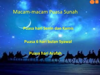 Macam-macam Puasa Sunah
Puasa hari Senin dan Kamis
?
Puasa 6 hari bulan Syawal
Puasa hari Arafah
 